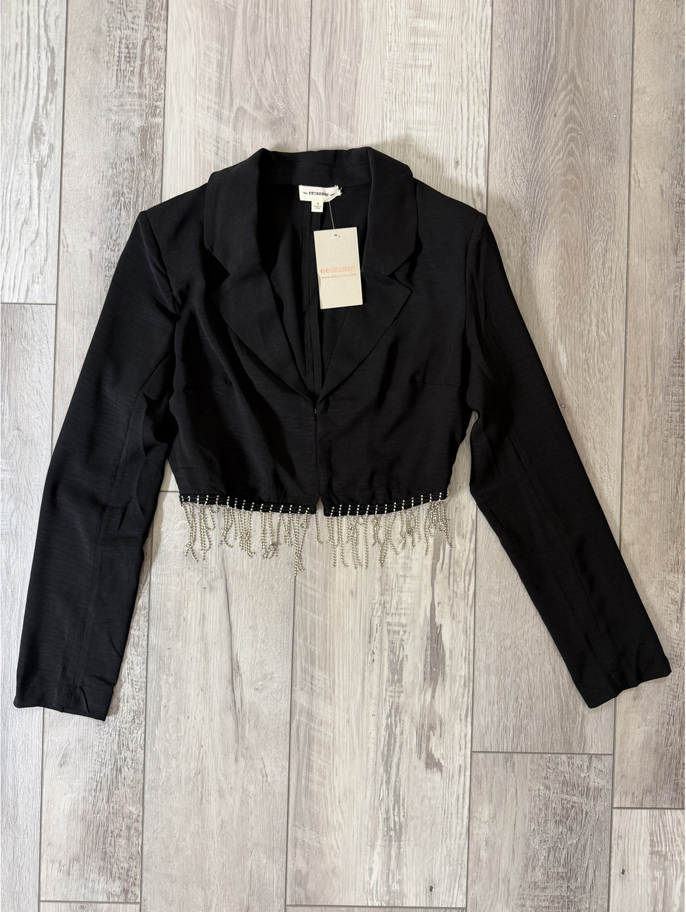 EE:some Silver Rhinestone Grunge Revival Fringe Mob Wife Crop Blazer size small - Picture 8 of 11
